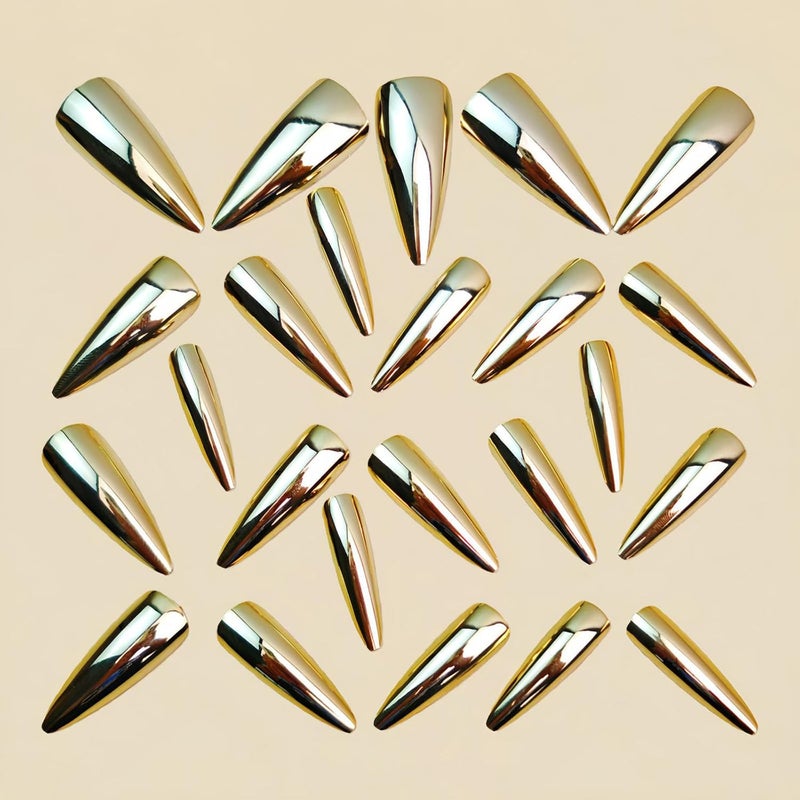 SINHOT Stiletto Press on Nails Long - Long Fake Nails, Glossy Finish, Gold Metallic & Chrome, DIY Artificial False Nail Art - 24 Pcs Nail Kit with Glue - Image 3